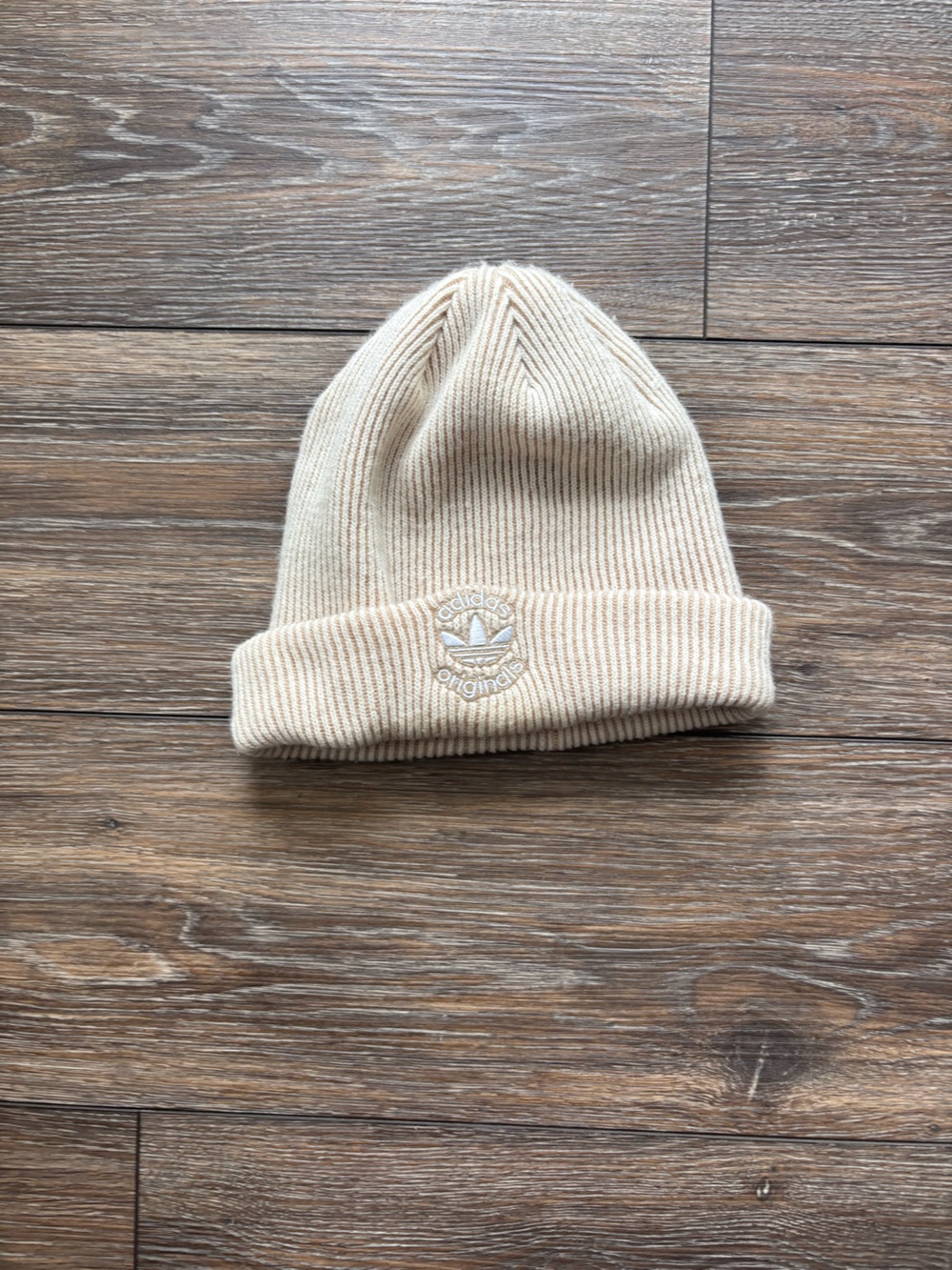 Adidas Cream Ribbed Fold-Over Beanie with Trefoil Patch
